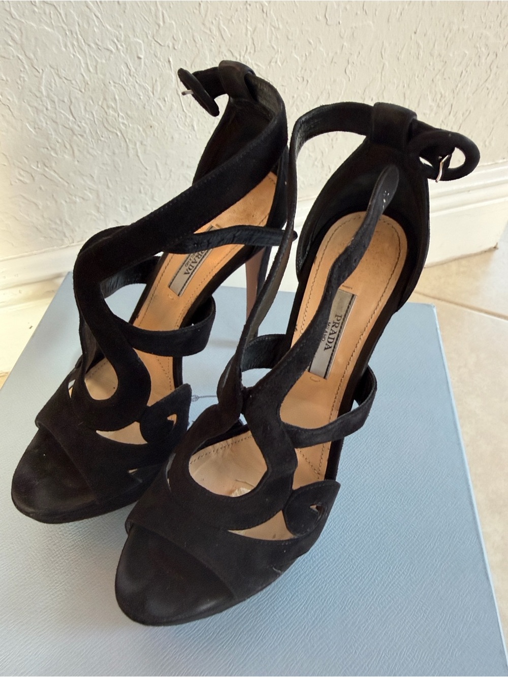 Authentic Prada Baroque black suede sandals with box